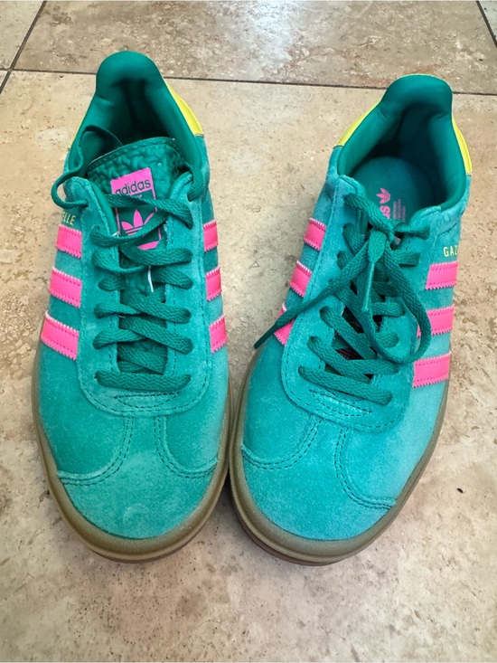 adidas Shoes - adidas Kids Gazelle Sneakers in Teal with Pink Stripes and Yellow Heel